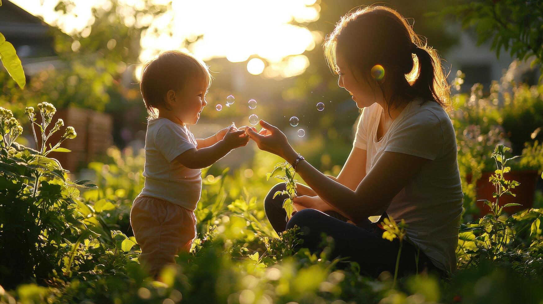 A woman and child playing in the grass photo