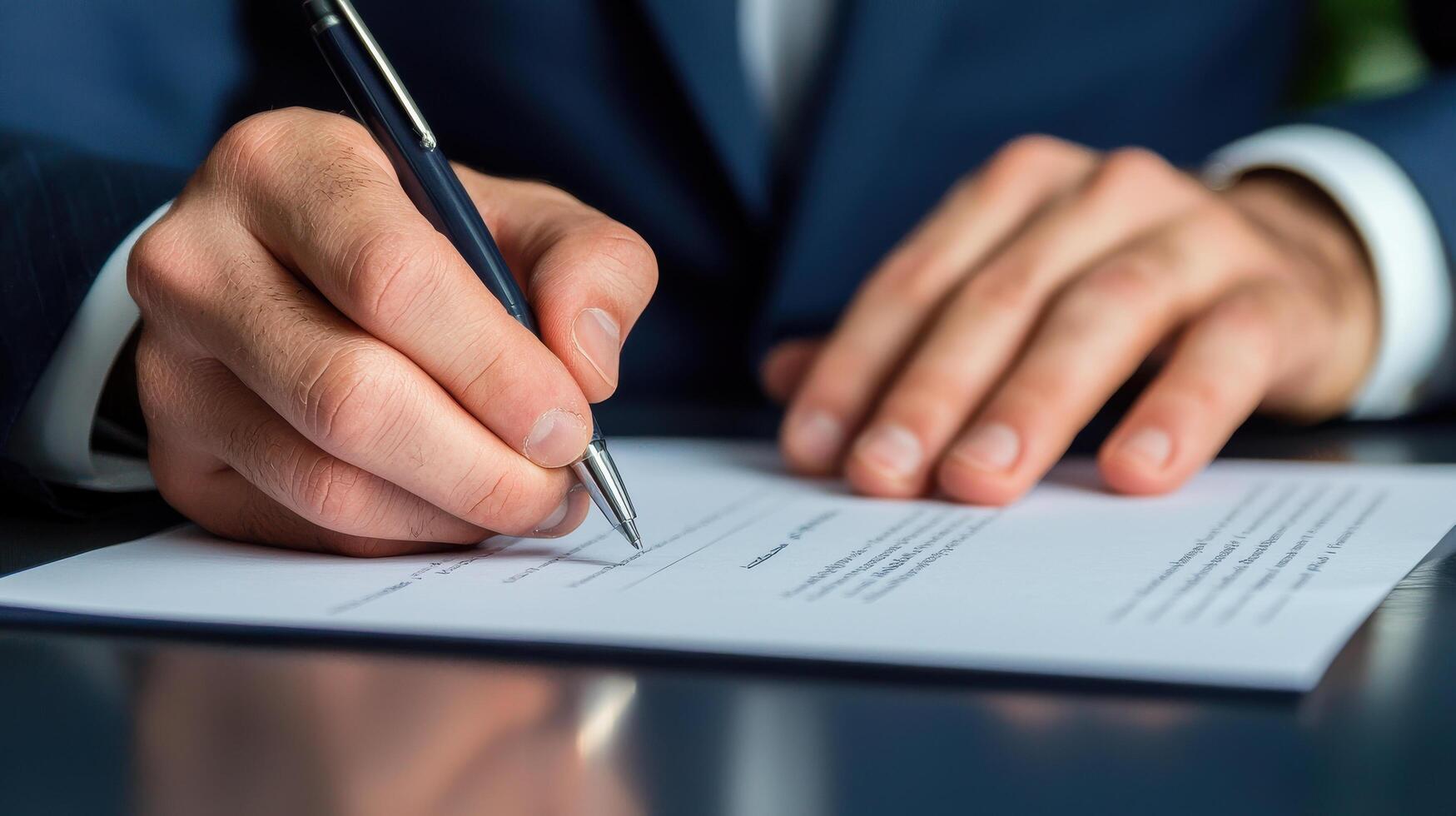 A man in a suit is signing a document photo