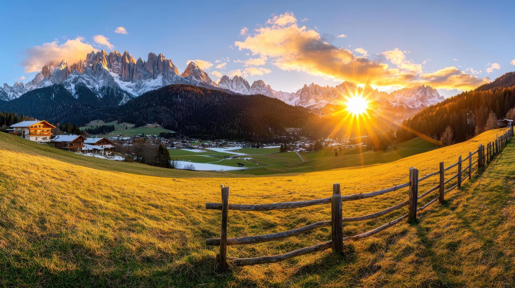 Breathtaking alpine scenery during sunset with glowing skies and mountains photo