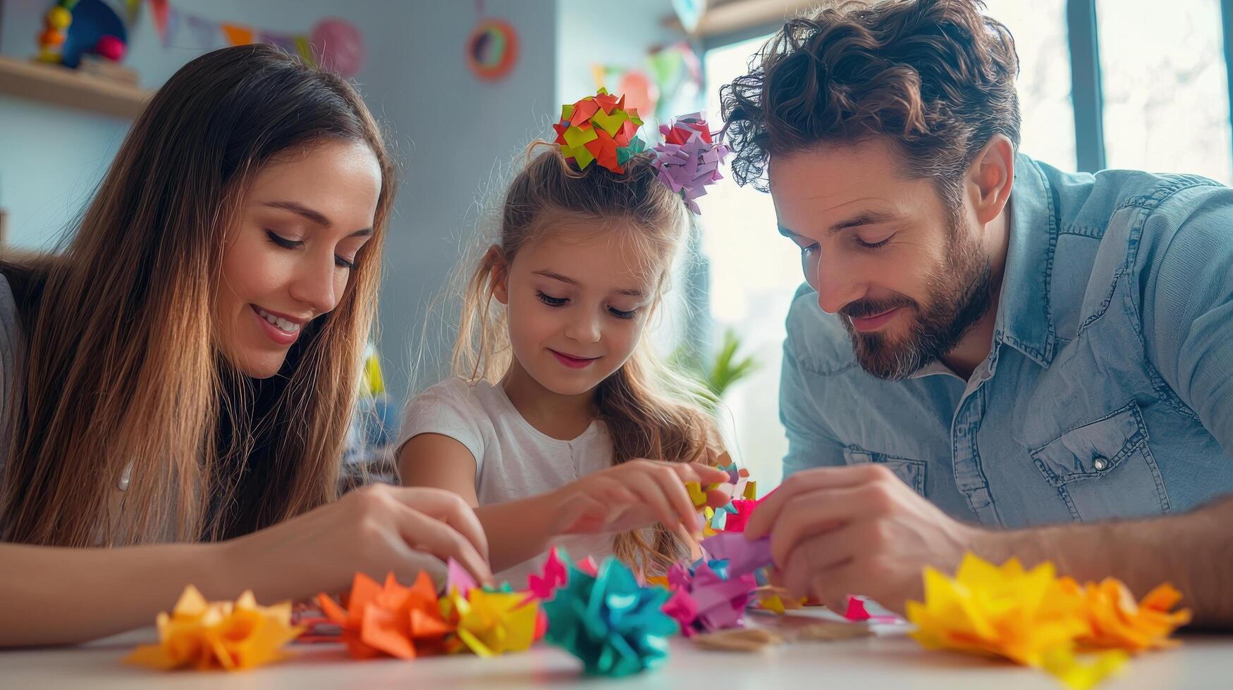 A man and woman with a child making paper flowers photo