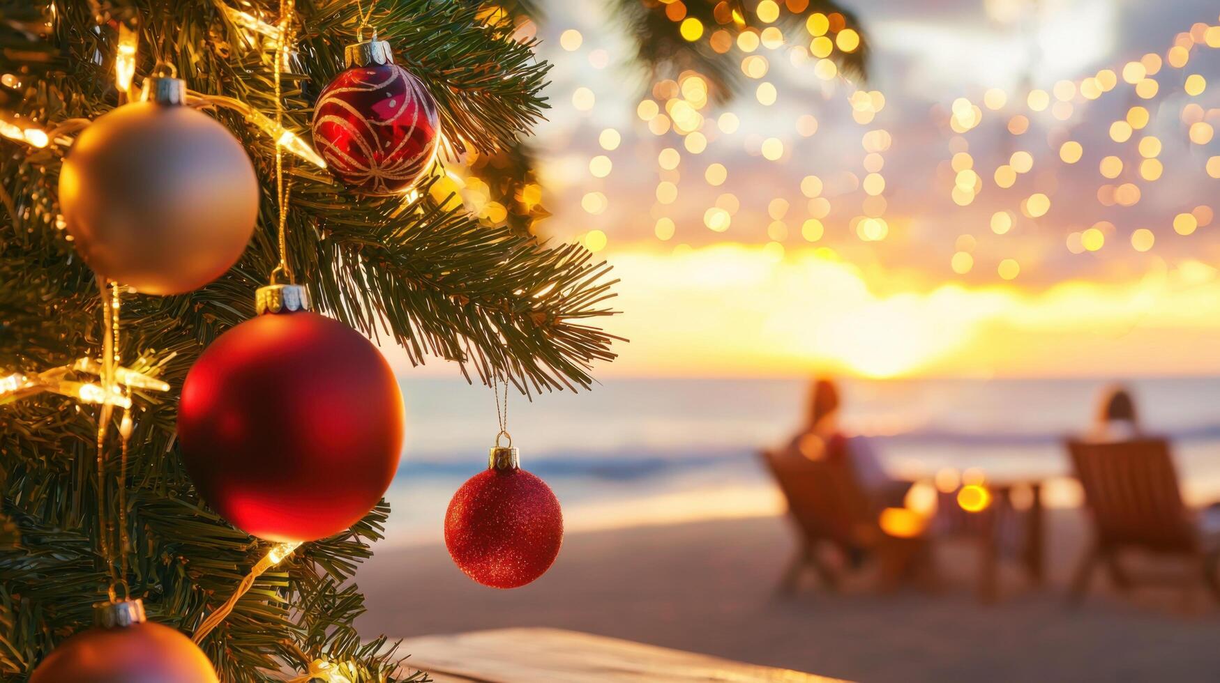 festive Christmas tree adorned with ornaments, glowing lights, and sunset beach scene creates warm, joyful atmosphere photo