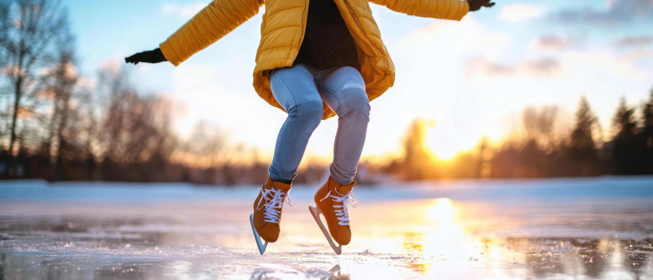 Figure skater practicing jumps on frozen lake during sunset, showcasing skill and joy photo