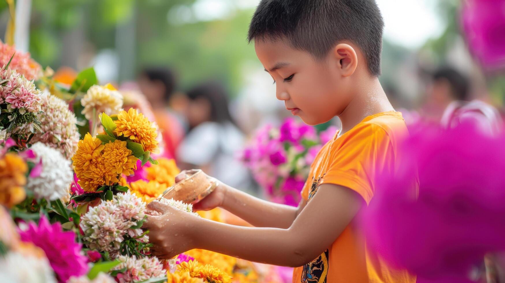 child participates in floral decoration ritual during festival, surrounded by vibrant flowers and joyful atmosphere photo