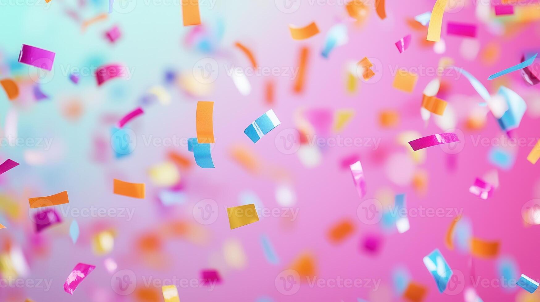 Colorful curling streamers and on confetti falling festive celebration background photo