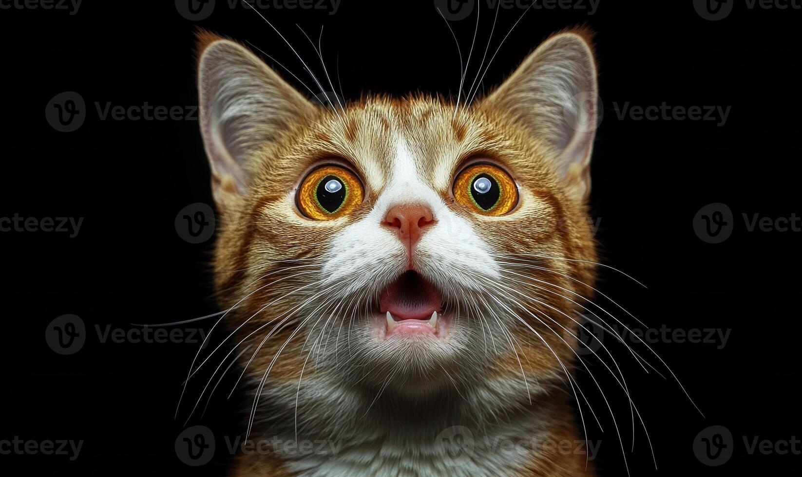 Portrait of surprised cat background teeth with wide showing on black eyes photo