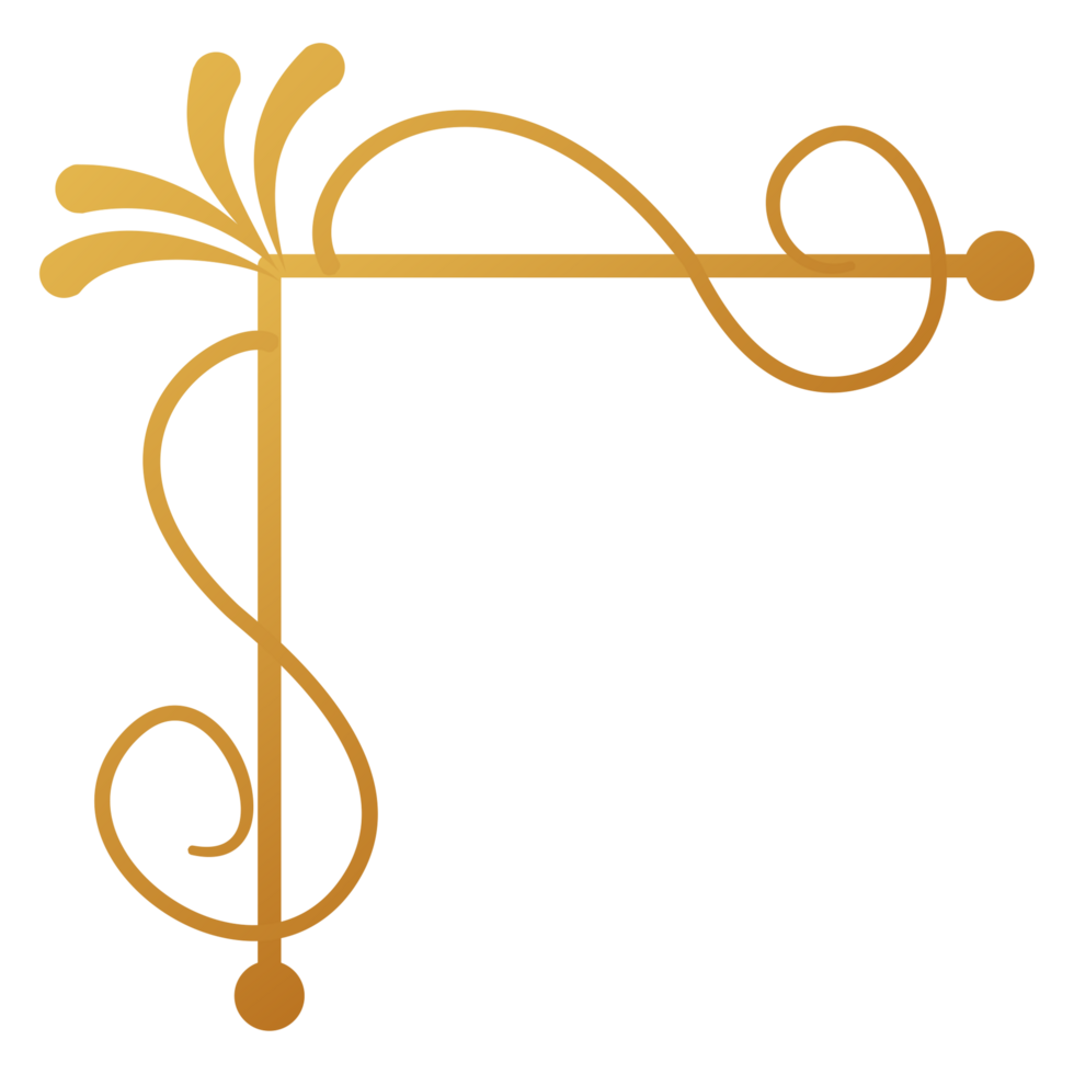 Corner design with golden frame with swirls and swirls on transparent background png
