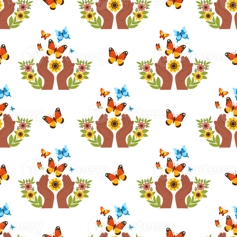 Seamless pattern. Hands with Flowers and Colorful Butterflies png