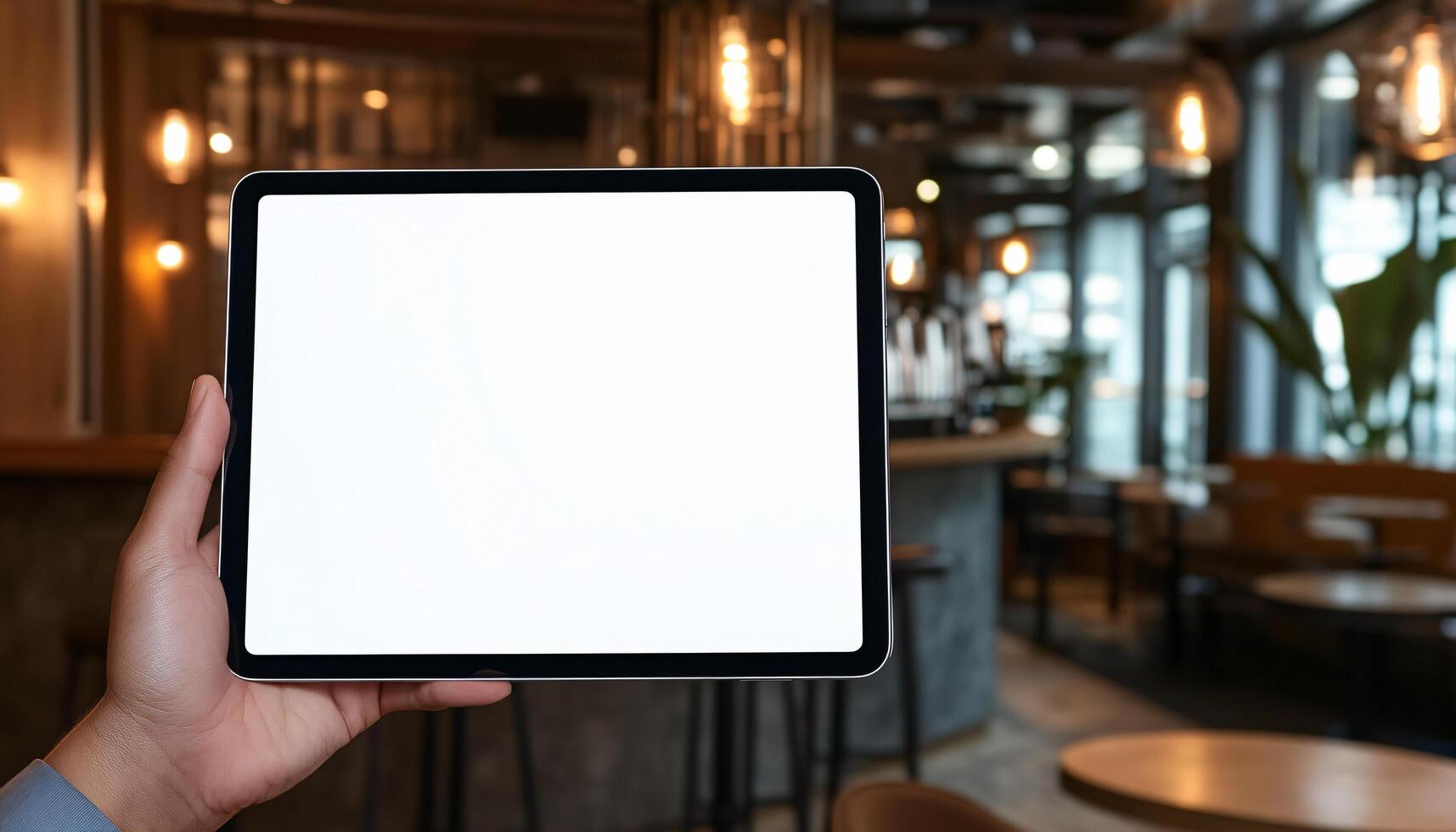 Hand Holding a Tablet Mockup in Dynamic Environment photo
