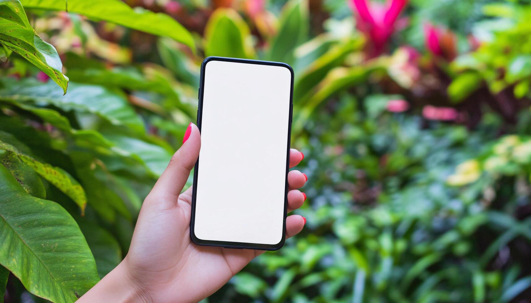 Hand Holding a Mobile Phone Mockup in Natural Setting photo