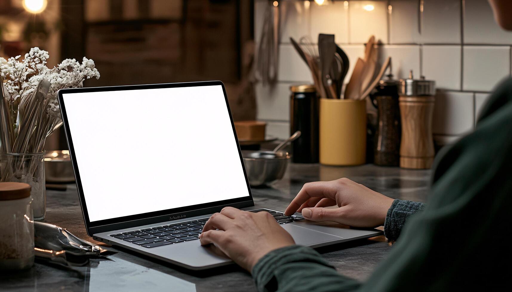 Person Engaged with Laptop Mockup in Professional Environment photo
