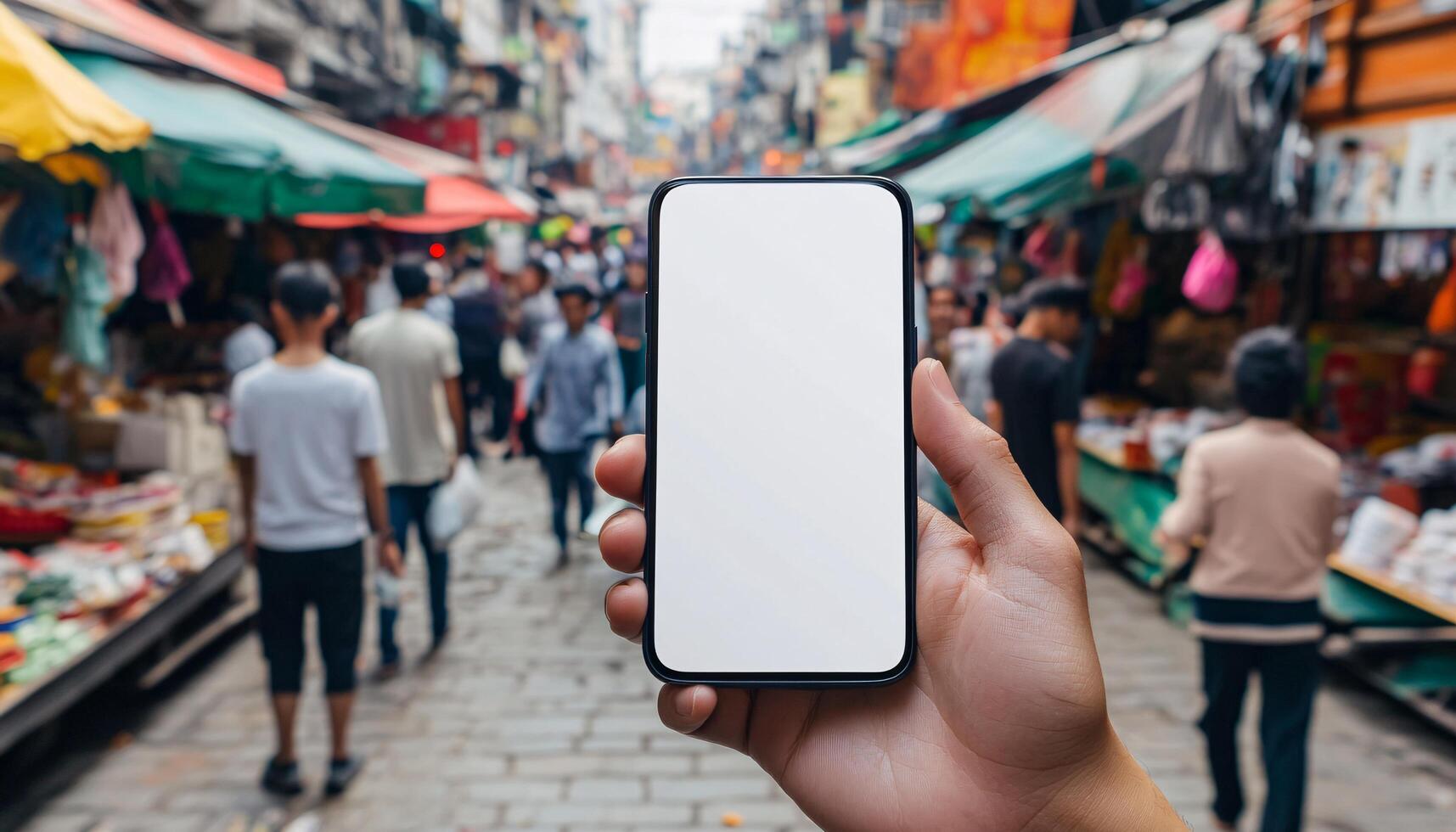 a Hand Holding Mobile Phone Mockup in Various Environments photo