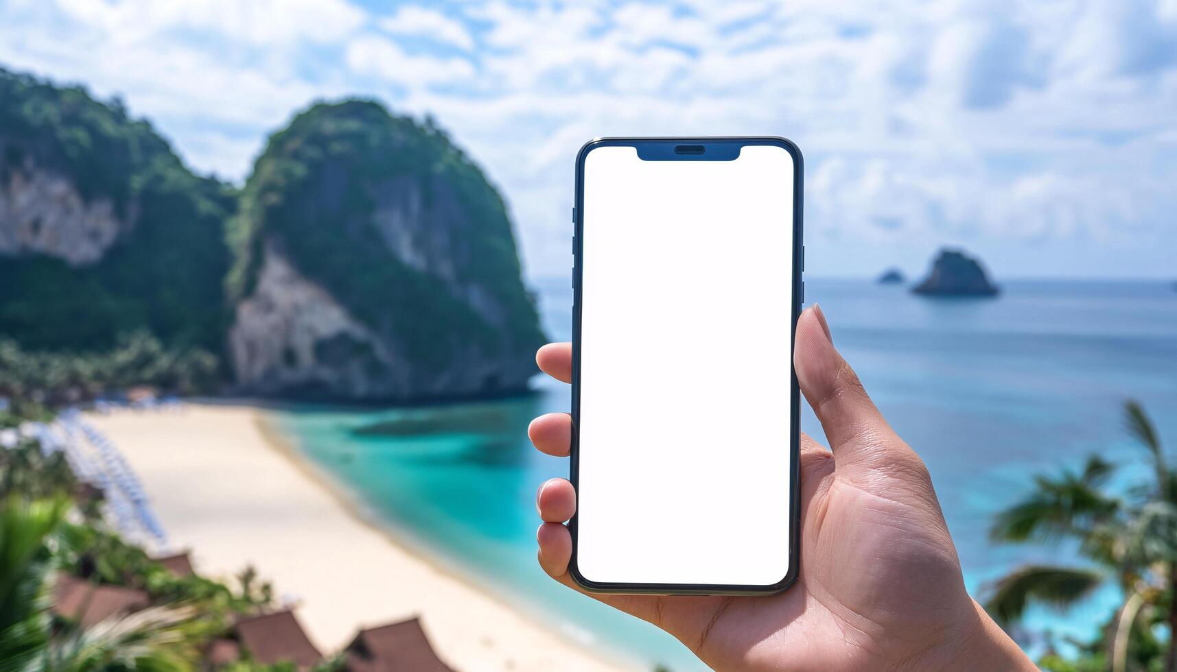 Hand Holding a Mobile Phone Mockup in Vibrant Background photo