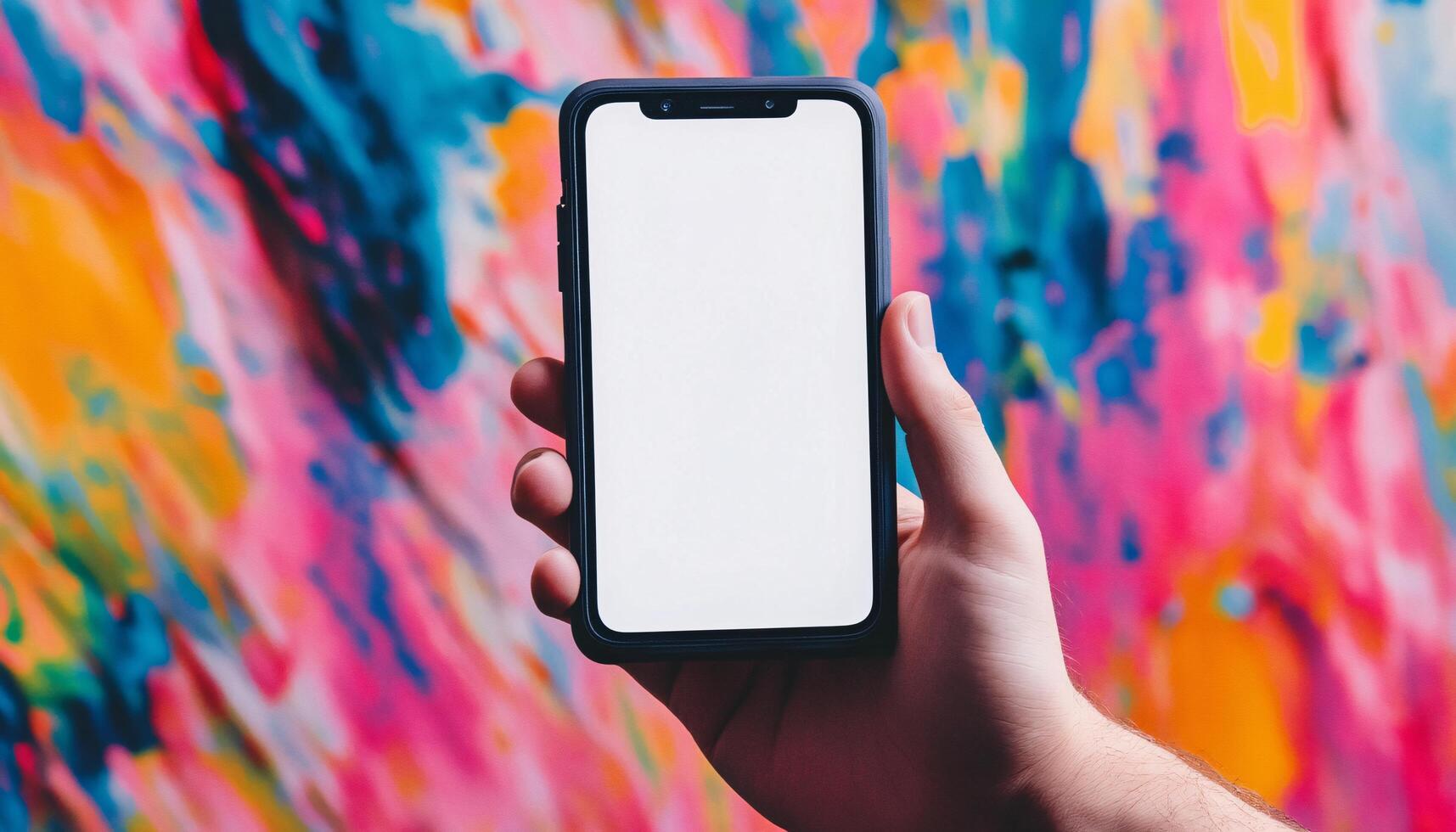 Hand Holding Mobile Phone Mockup in Dynamic Environment photo