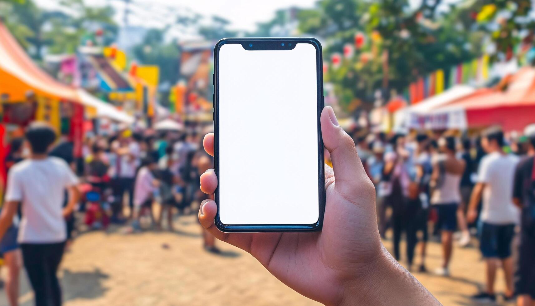 Hand Holding Mobile Phone Mockup in Diverse Environments photo