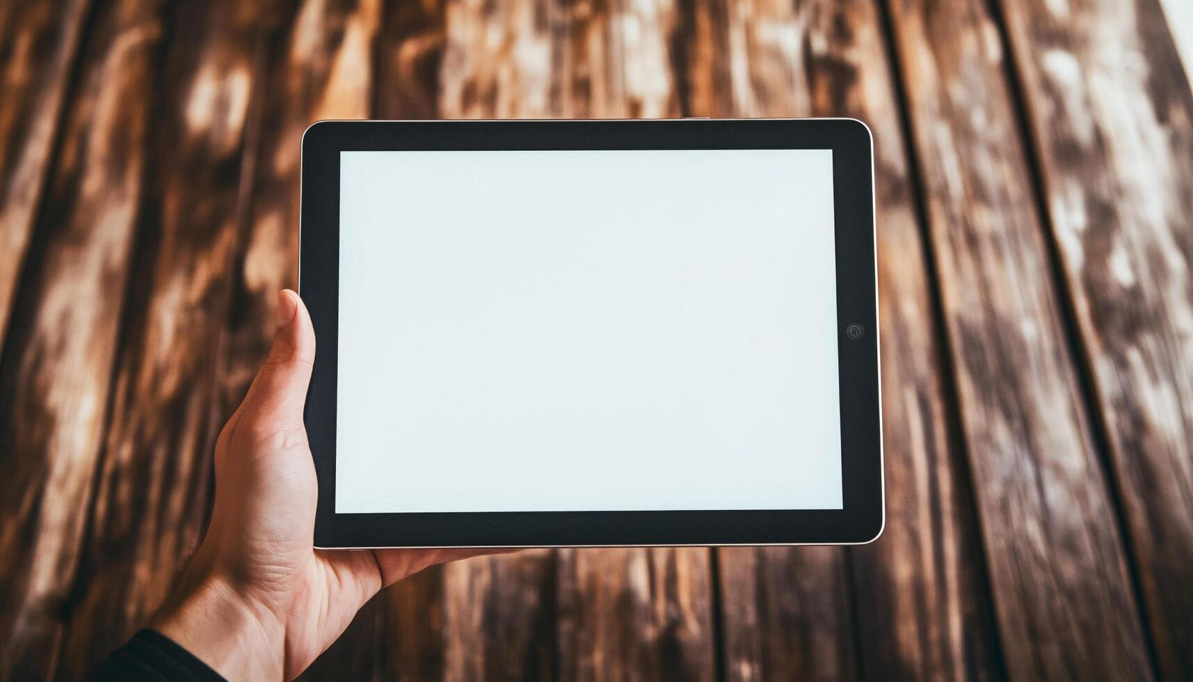 Hand Holding Tablet Mockup in Modern Environment photo