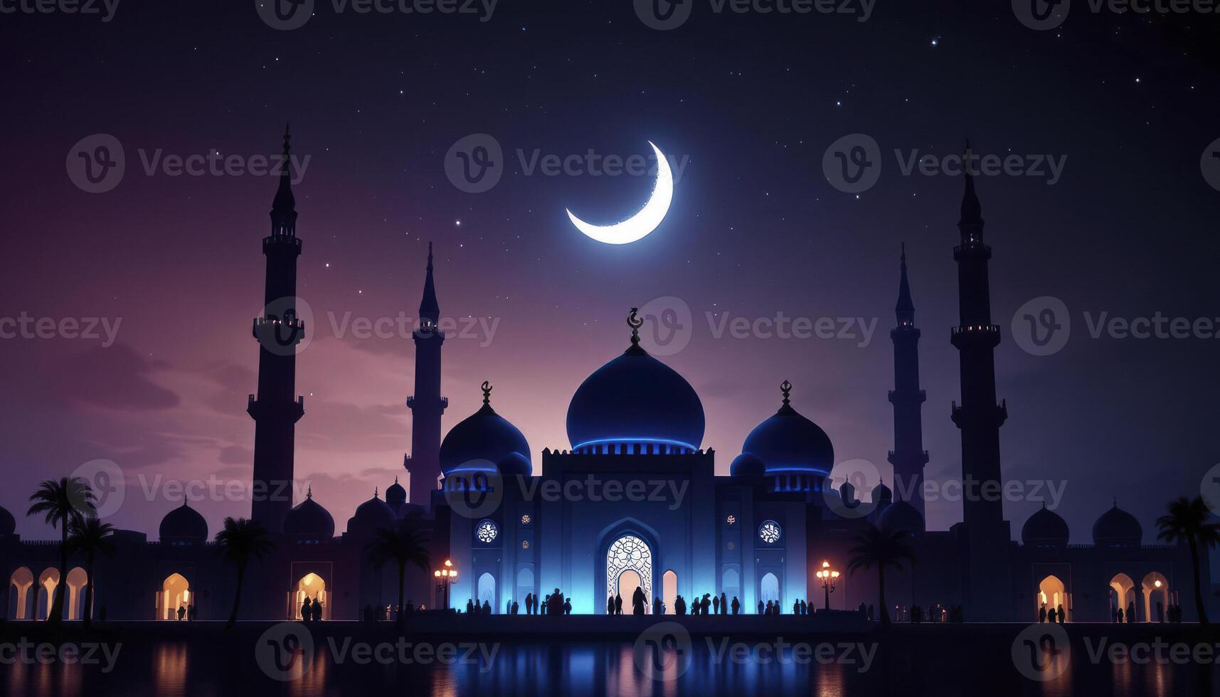 Magnificent Mosque at Night Under Crescent Moon with Starlit Sky photo