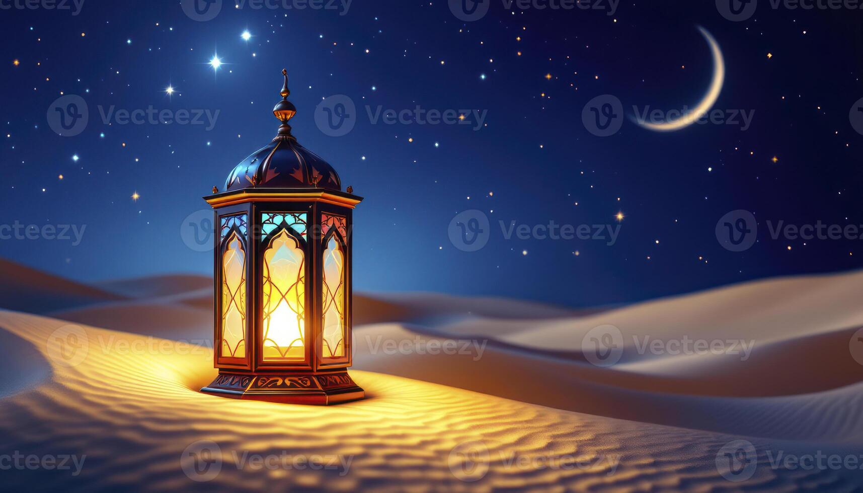 Illuminated Ramadan Lantern in Desert at Night with Crescent Moon photo