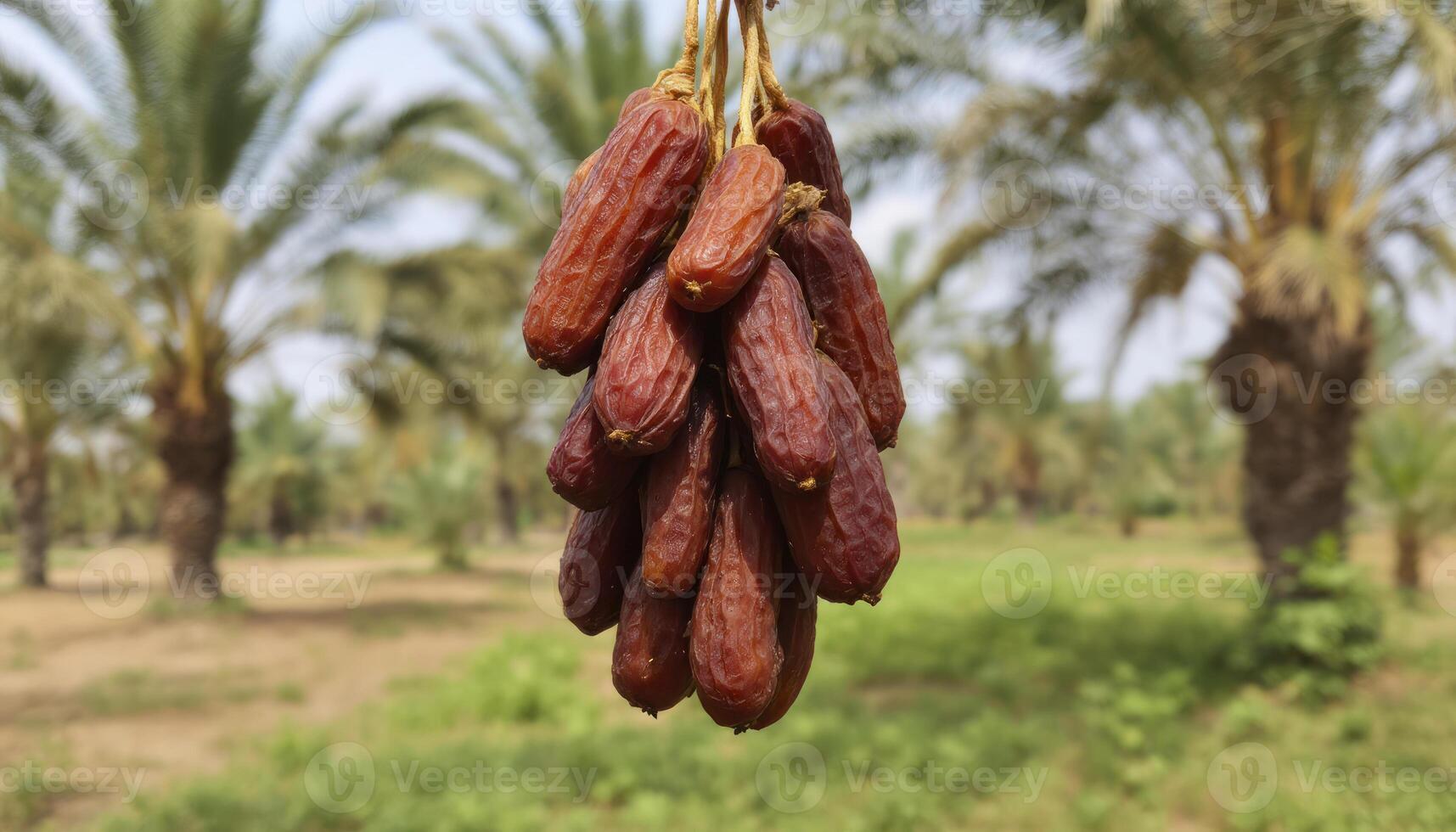 Hanging Fresh Dates with Palm Tree Orchard in the Background photo