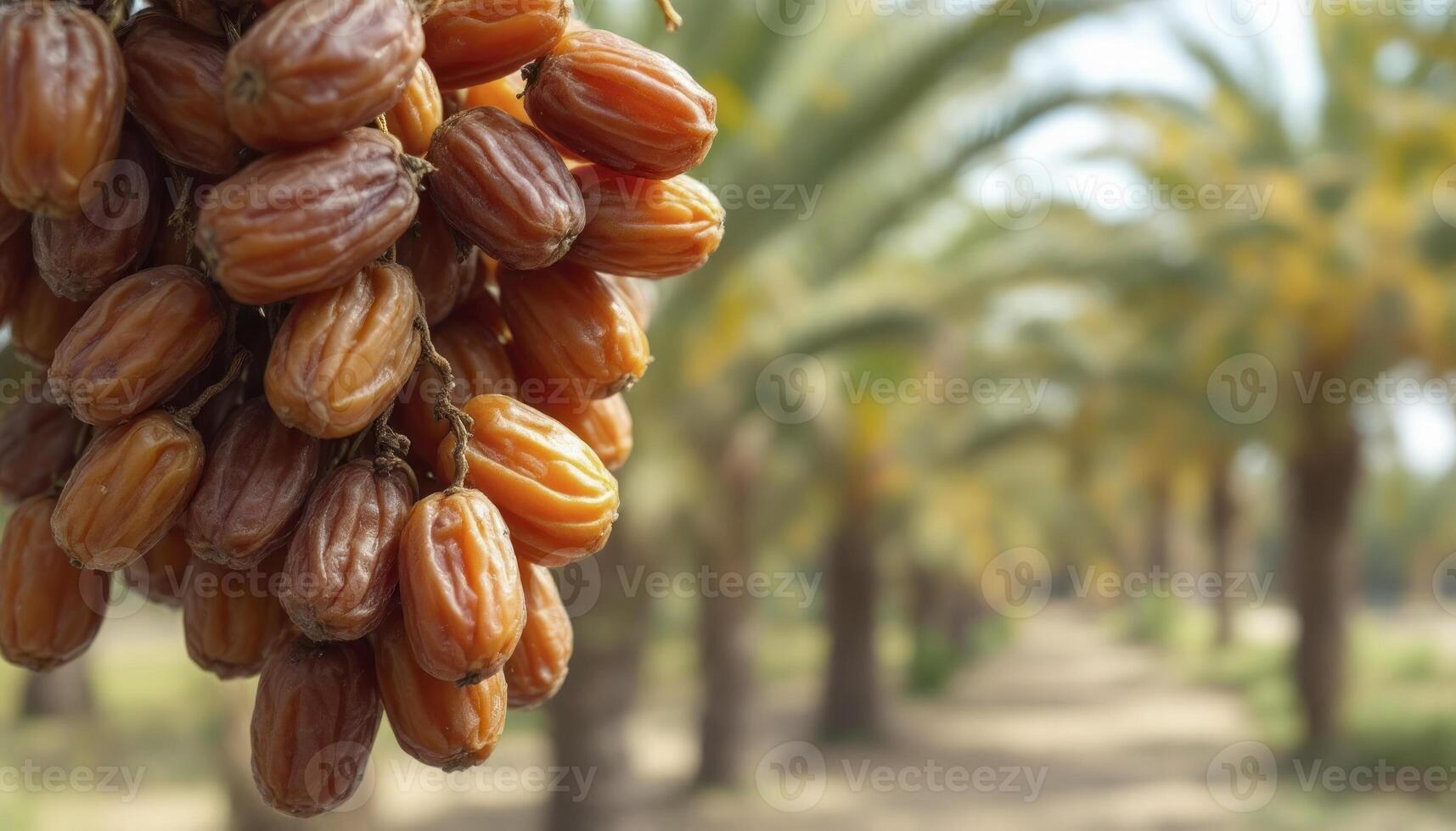 Hanging Fresh Dates Growing on Tree in Palm Orchard Farm photo