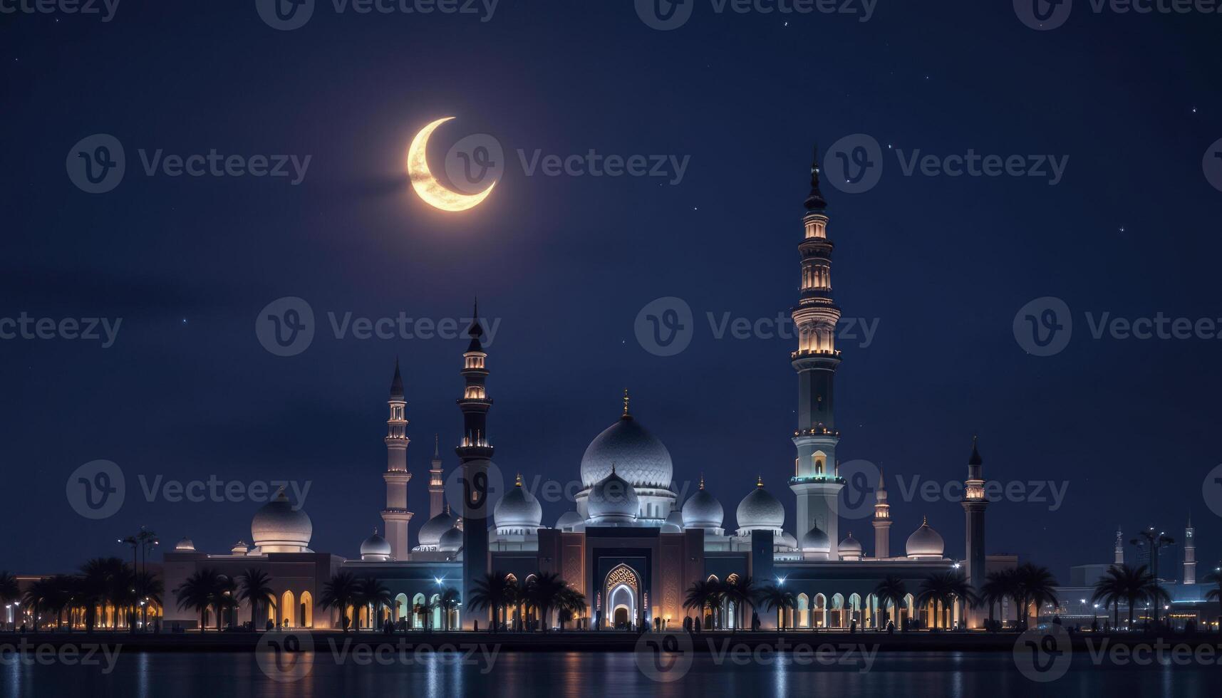 The moon is seen in the sky over a mosque photo