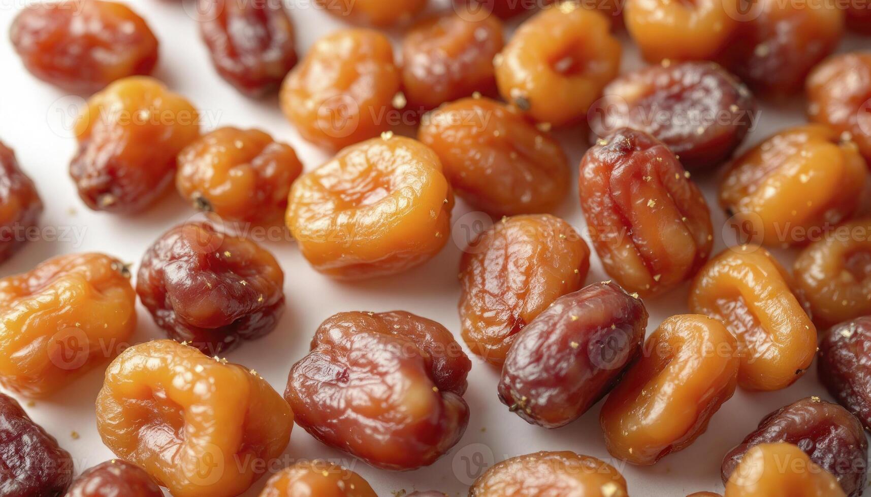 Close-up of Shiny Candied Jujube Fruits Scattered on White Surface photo