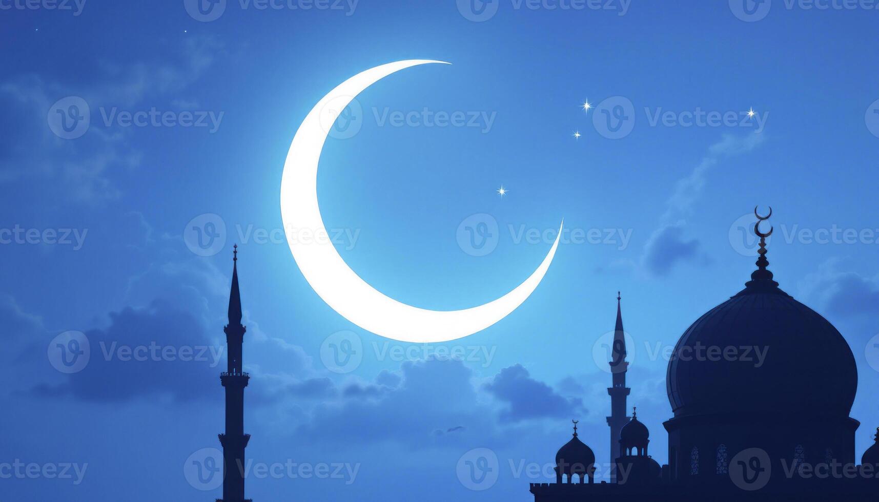 Crescent Moon and Mosque Silhouette at Night Sky for Ramadan photo