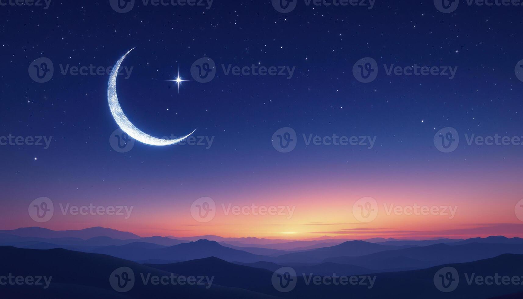 Crescent Moon and Star Over Mountain Range at Dusk Peaceful Night photo