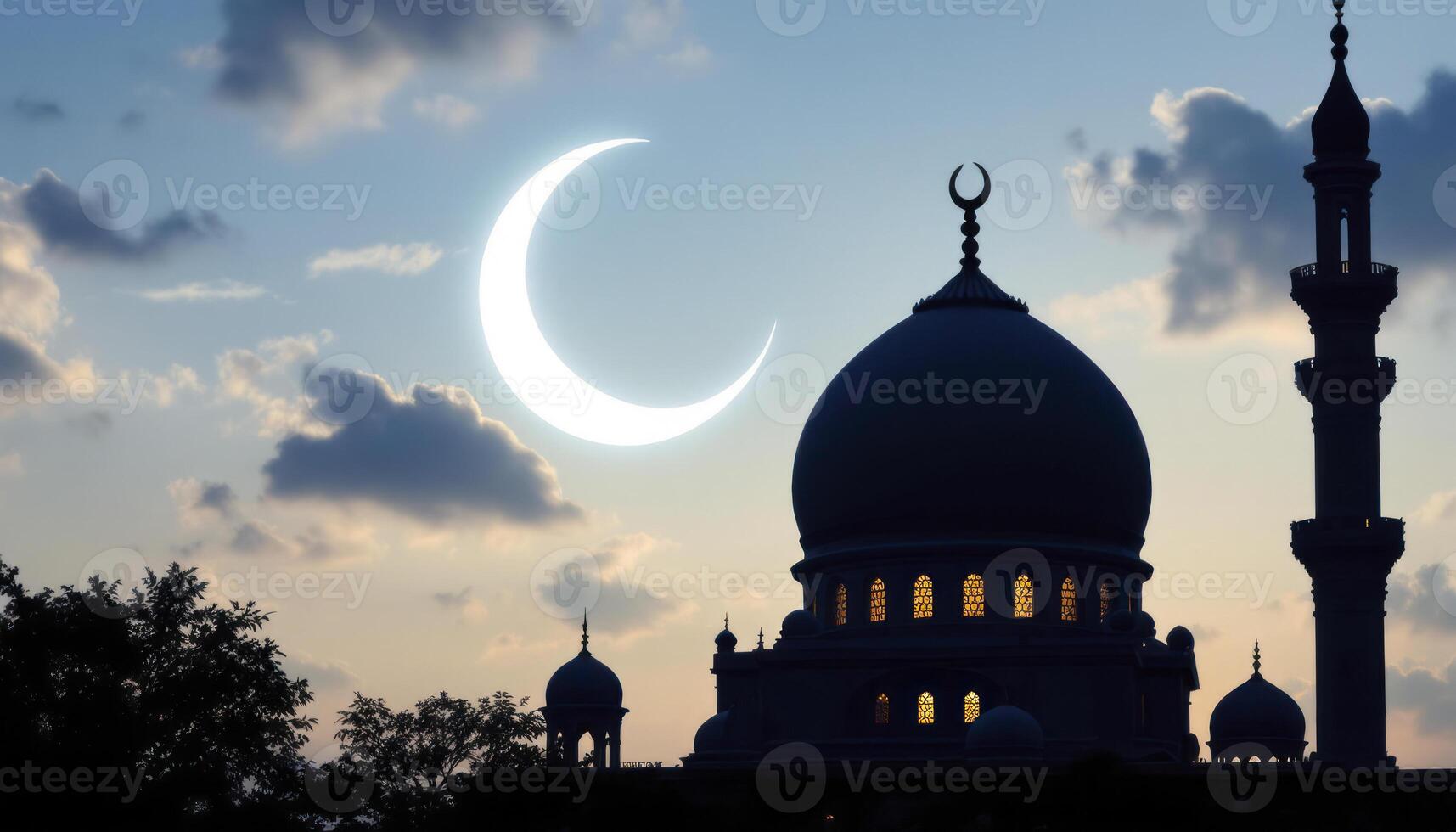 Mosque Silhouette at Dusk with Crescent Moon Religious Celebration Concept photo