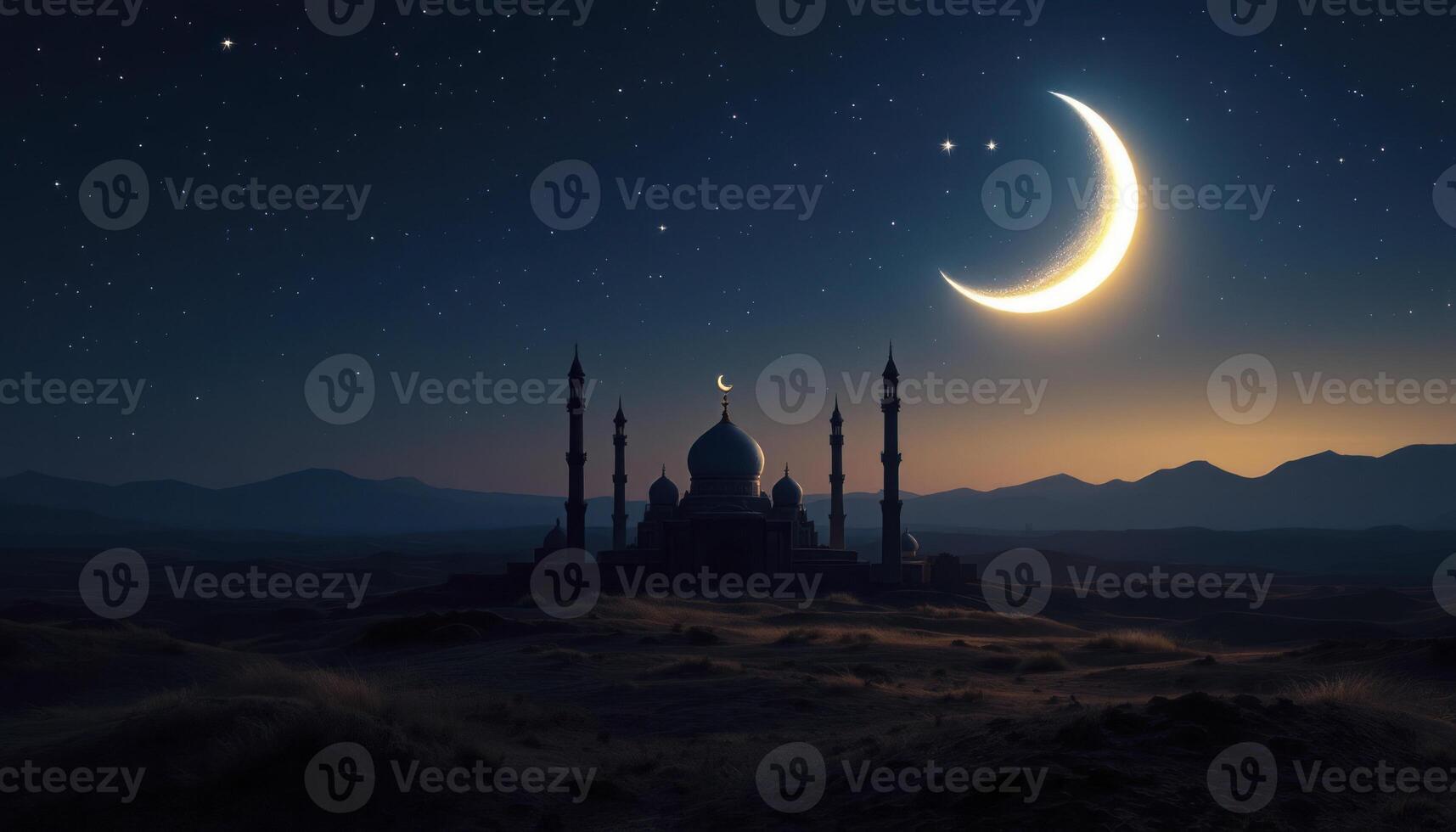 Islamic mosque and crescent at night photo
