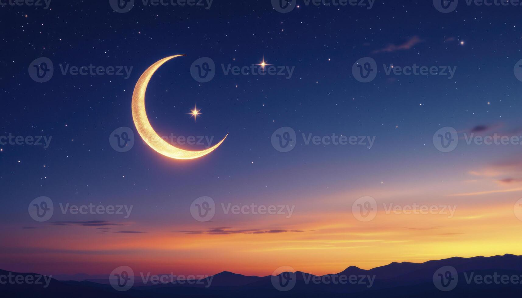 Glowing Crescent Moon and Stars Over Mountain Range at Dusk photo
