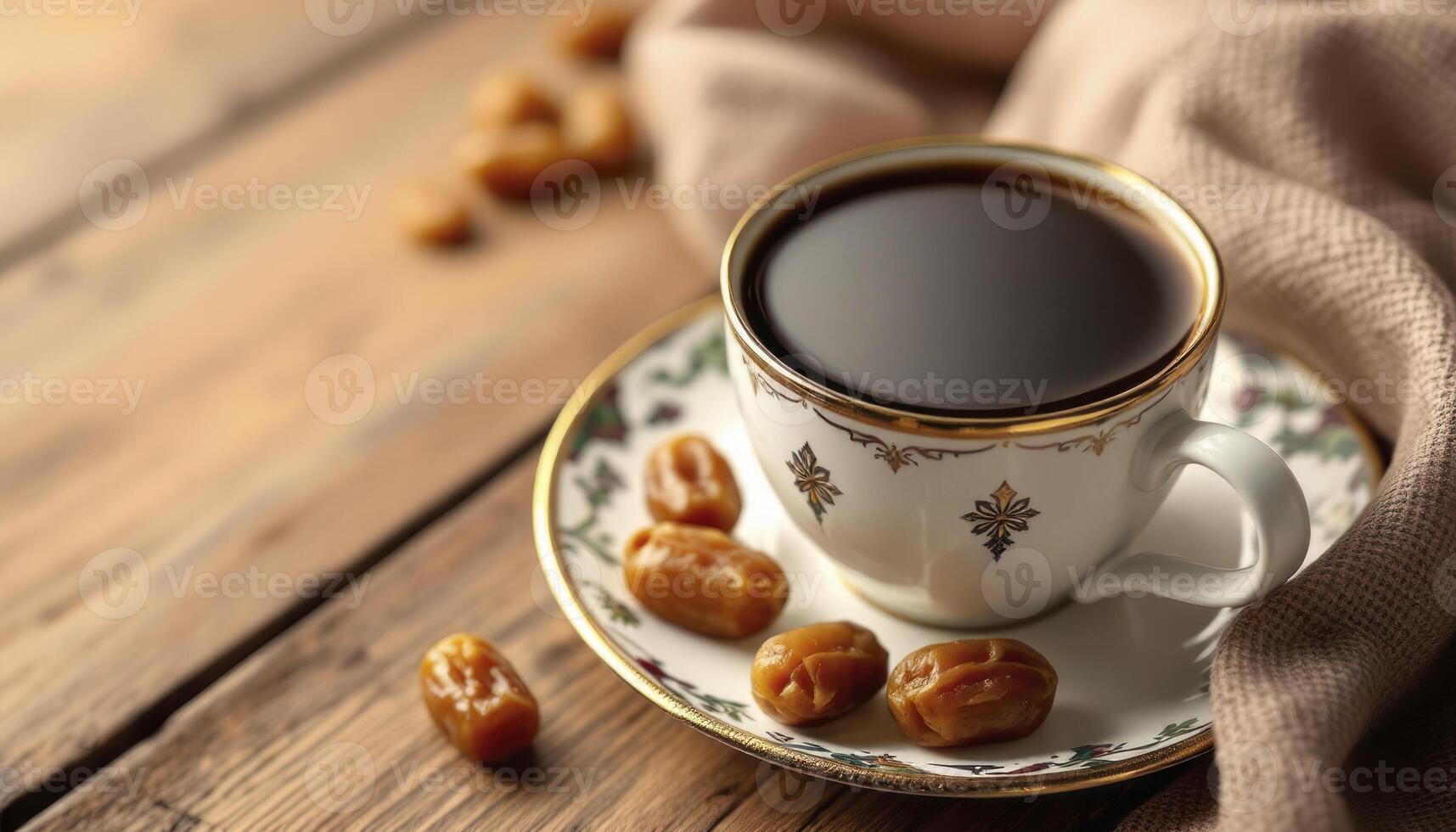 Enjoying Black Coffee with Dates on a Rustic Wooden Table photo