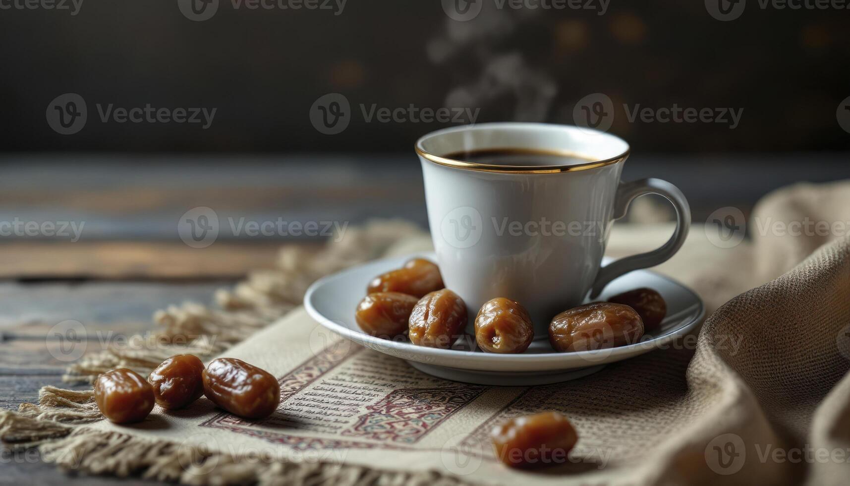 Enjoying Dates with Steaming Coffee Cup in Cozy Home Setting photo