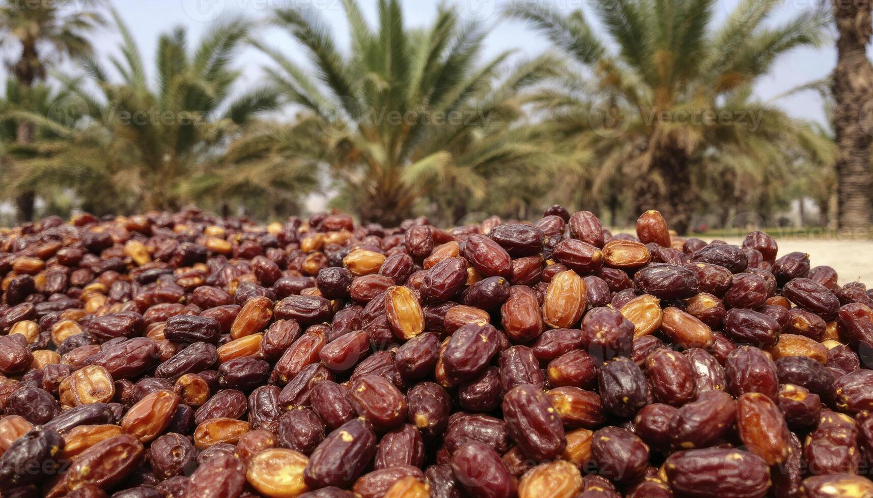 Harvesting Fresh Dates Under Palm Trees in Desert Oasis Setting photo
