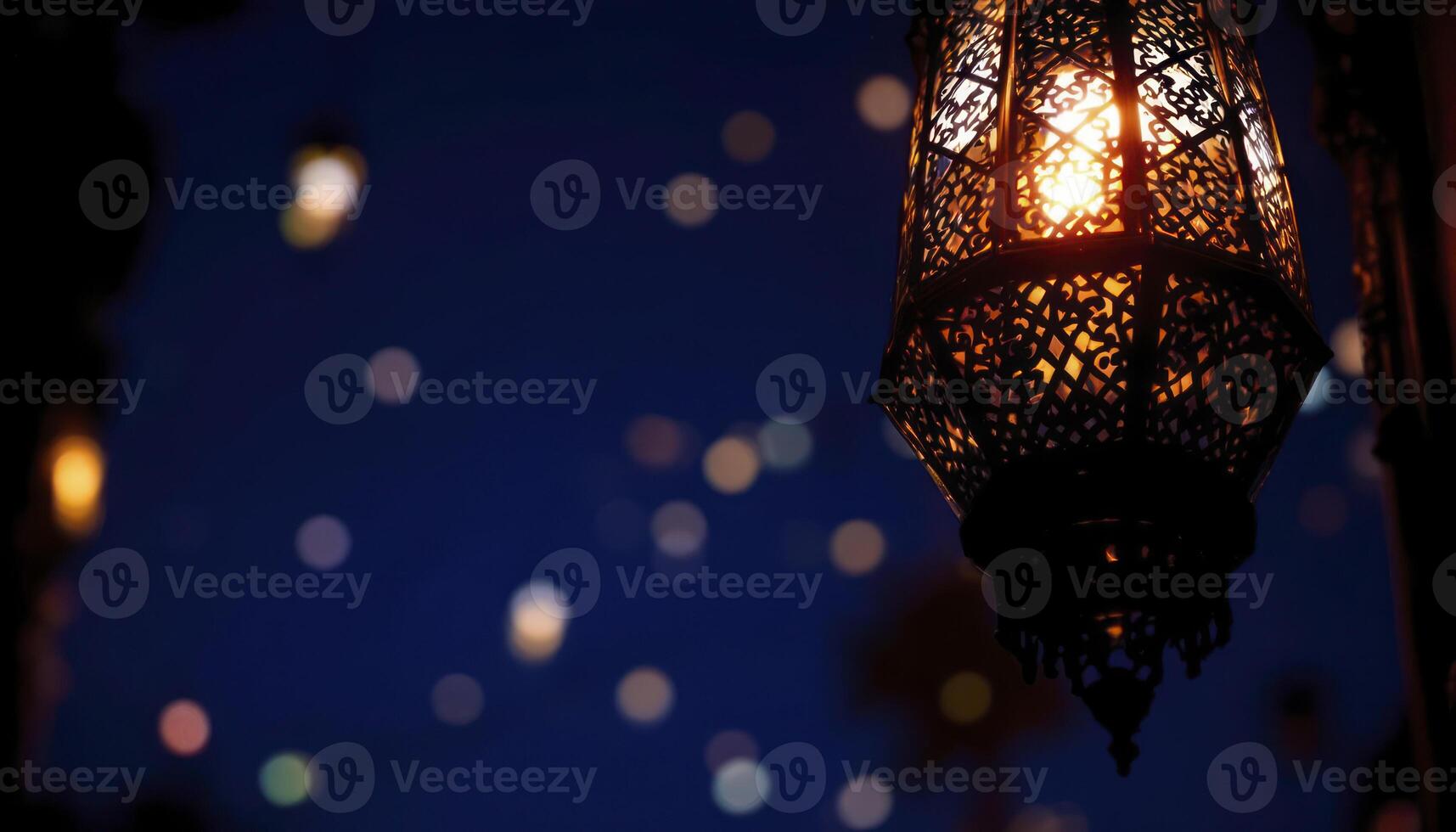 Glowing Moroccan Lantern Night Scene with Bokeh Lights photo