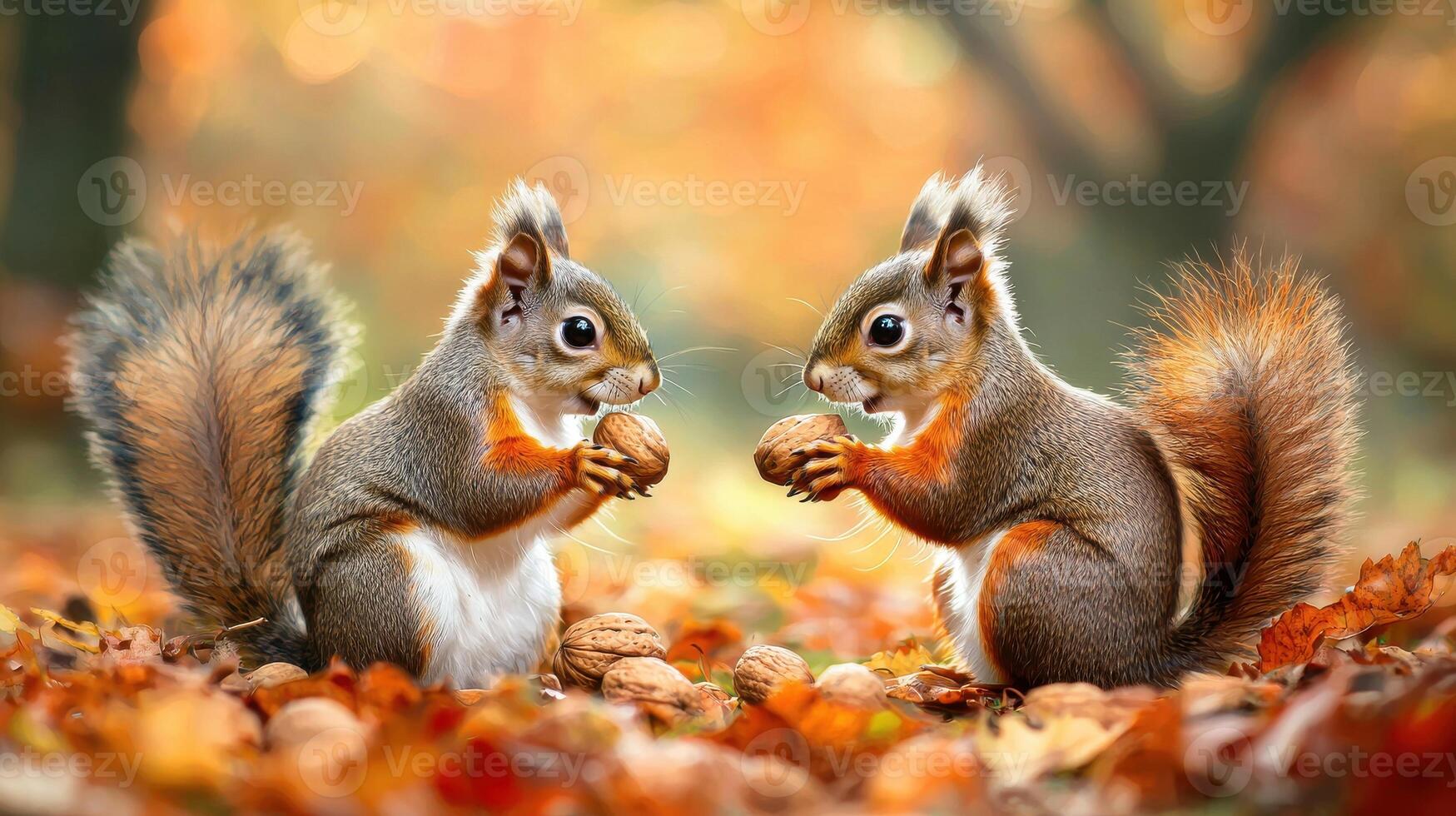 Two squirrels are eating nuts on the ground photo