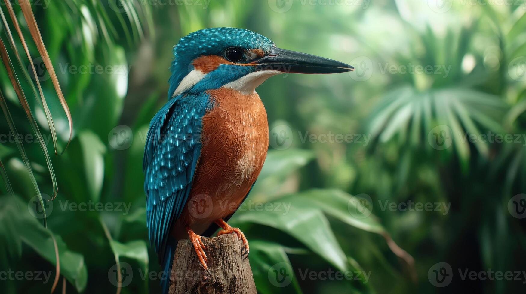 A blue and orange bird is perched on a tree branch photo