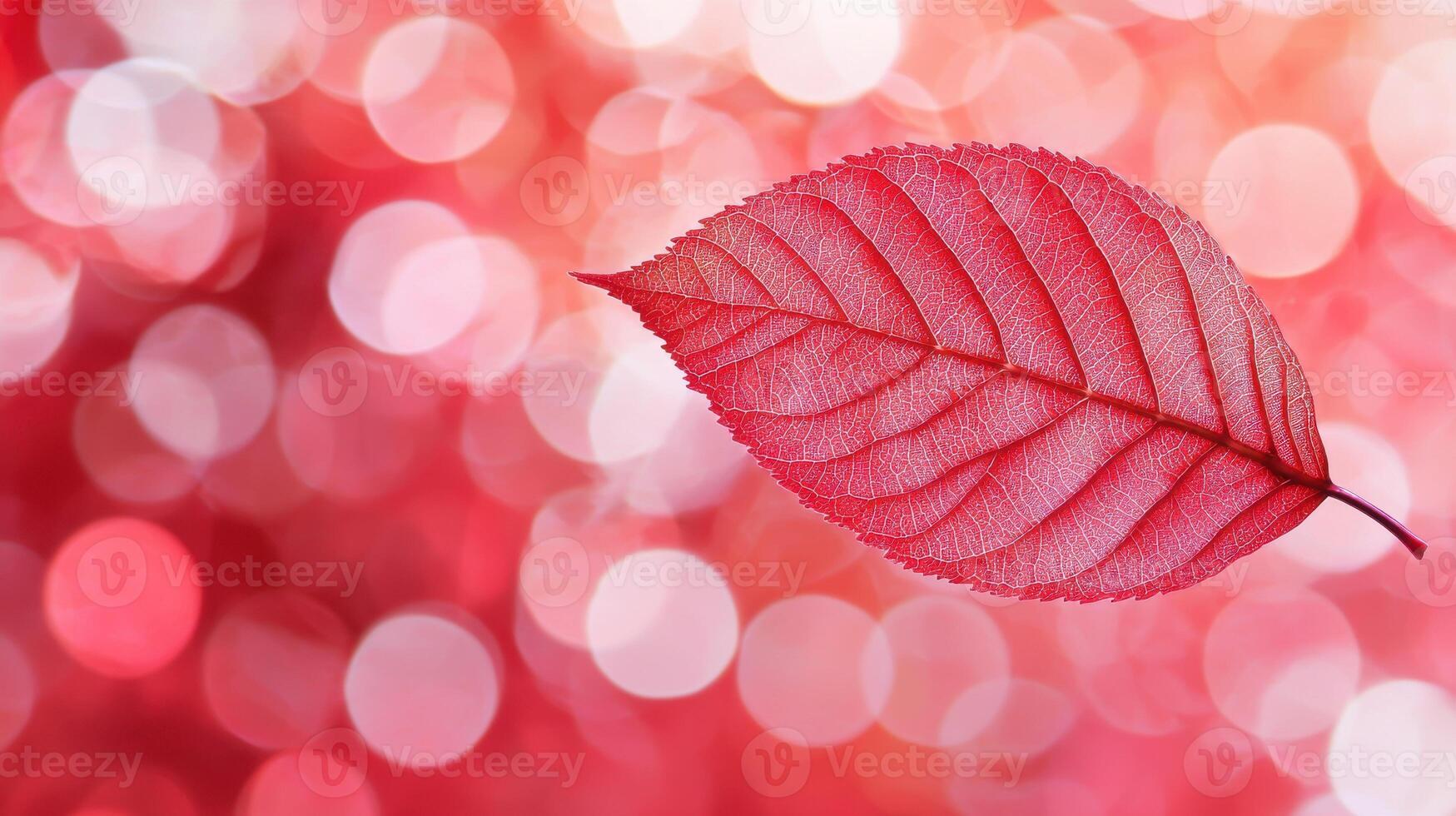 A leaf is floating on a red background with a blurry background photo