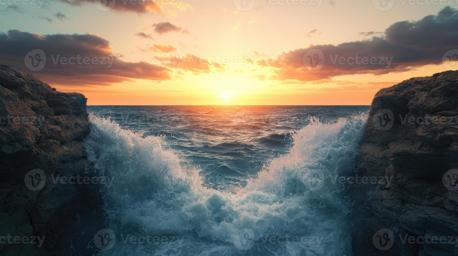 The ocean is crashing into a rocky cliff, with the sun setting in the background photo