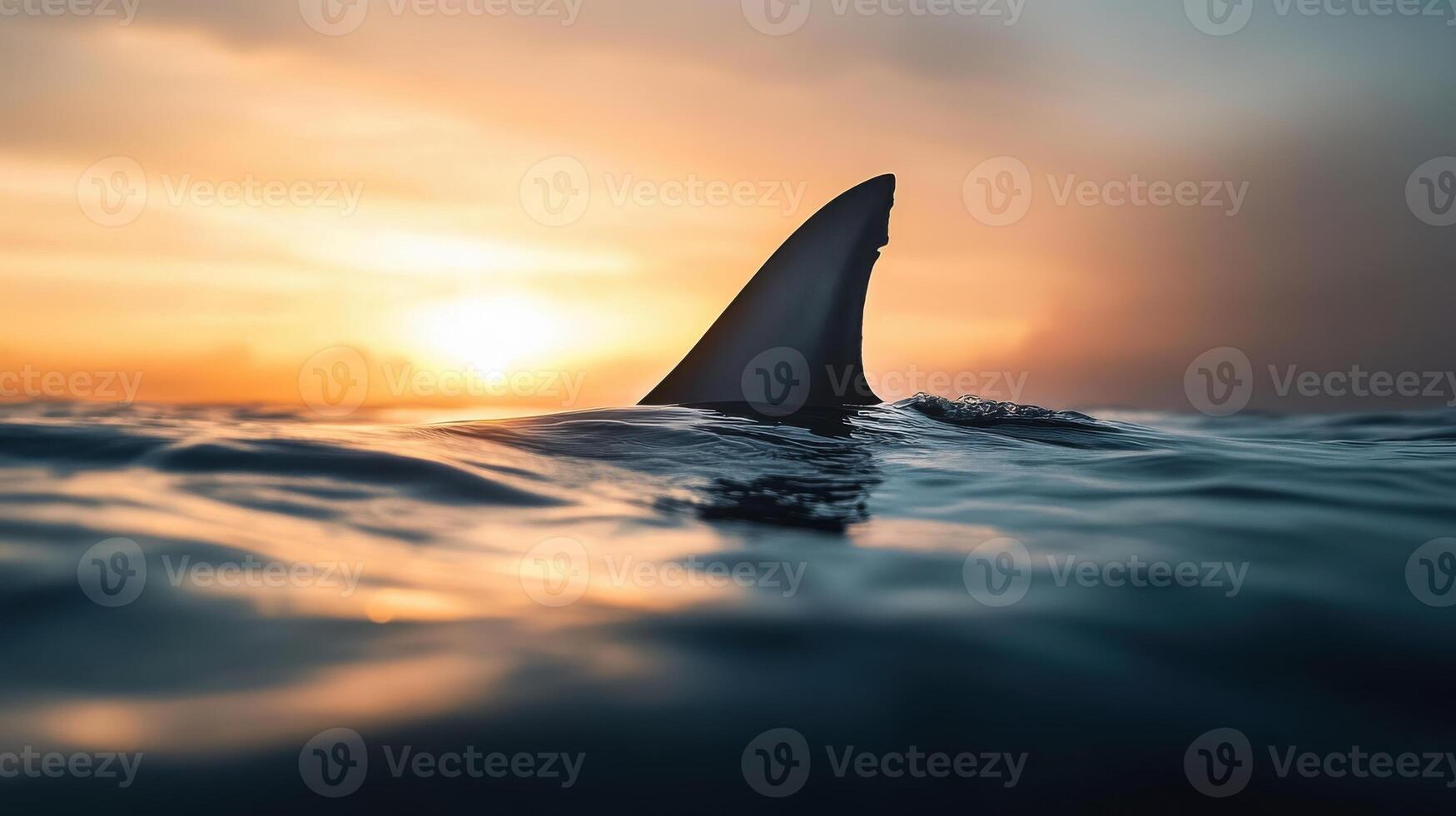 A shark's tail is visible in the water as the sun sets photo