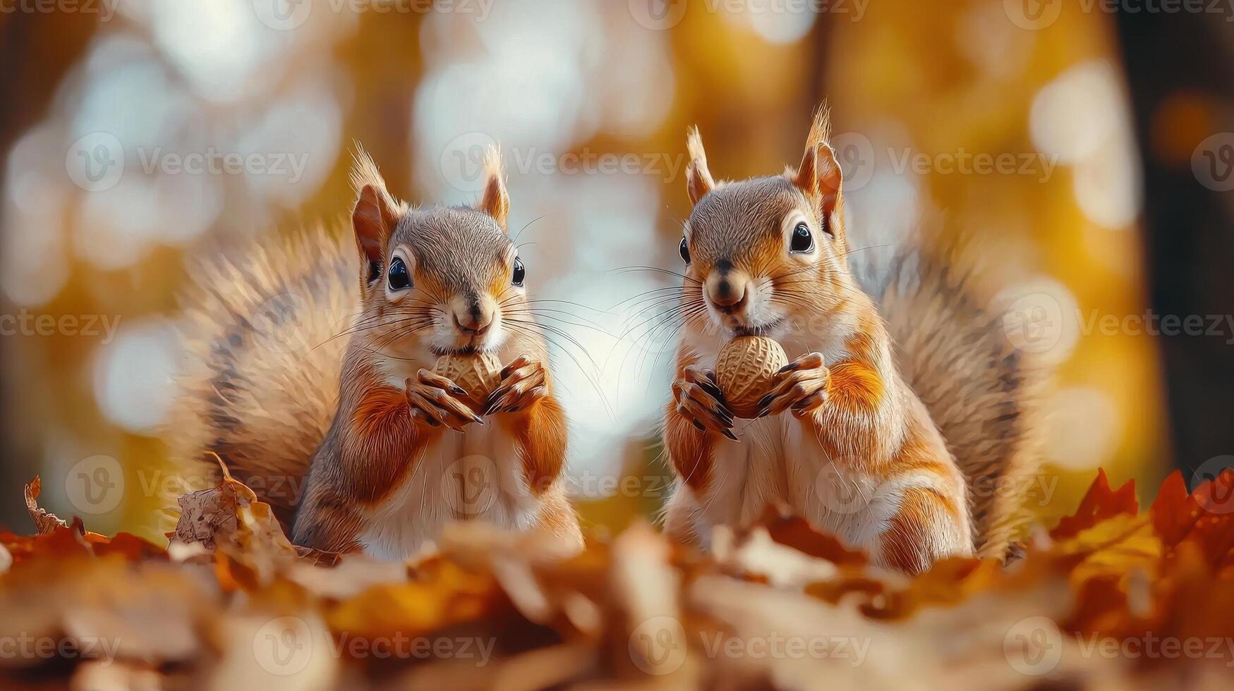 Two squirrels are eating nuts on a pile of leaves photo