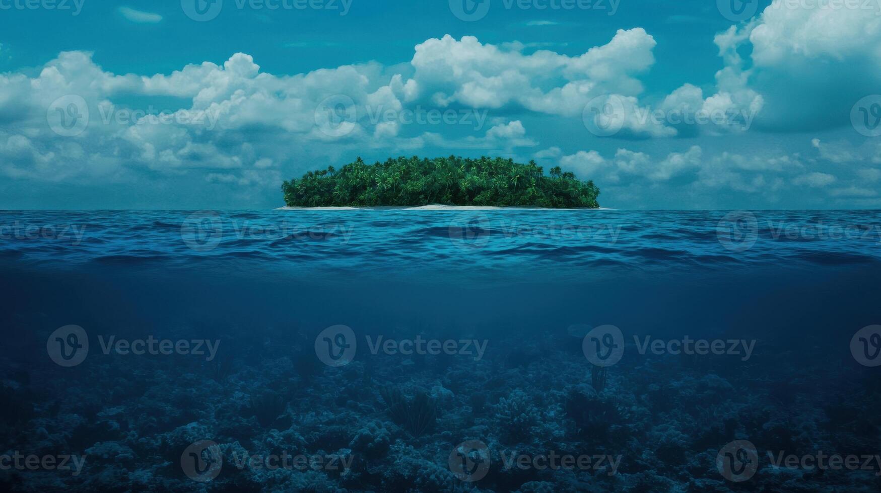 A blue ocean with a small island in the middle photo