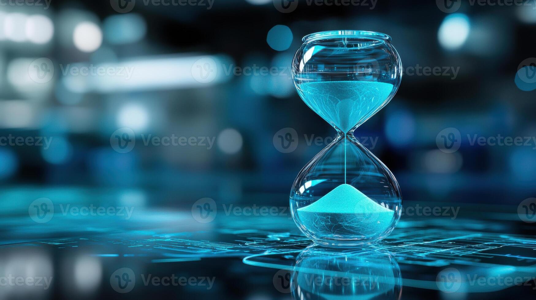 A blue hourglass with sand in it sits on a table photo