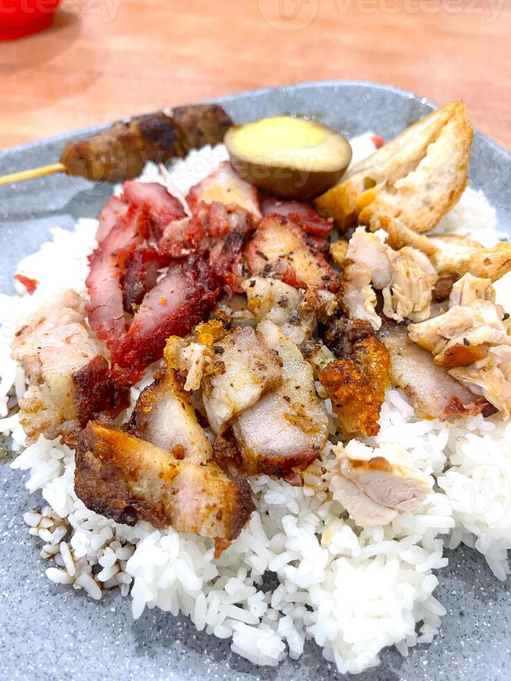 A plate of food with rice and meat on it photo
