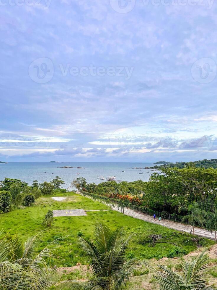 A view of the ocean from a hill overlooking the beach photo