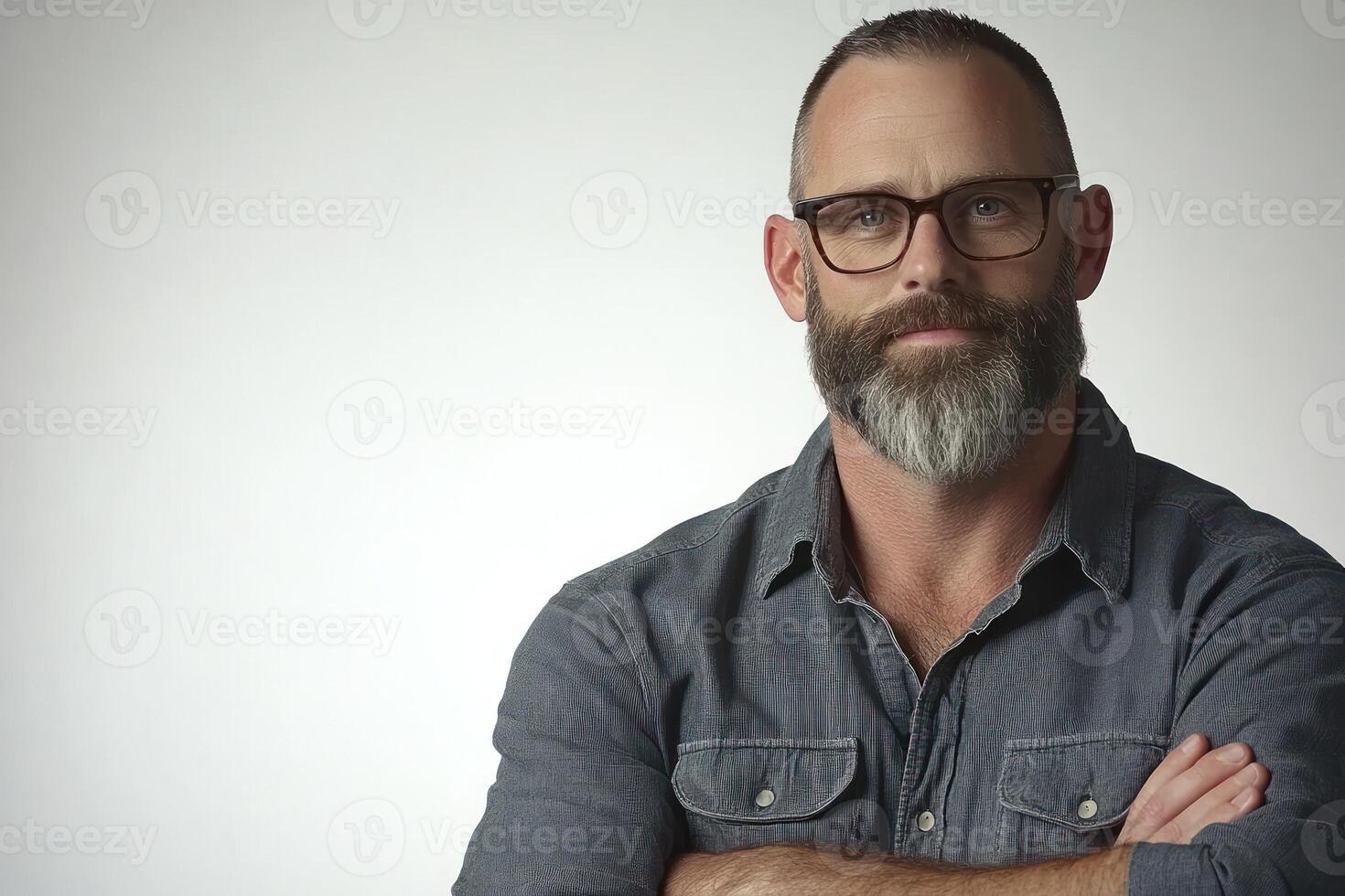 Mature man with glasses and beard poses confidently against a neutral backdrop in a studio setting photo