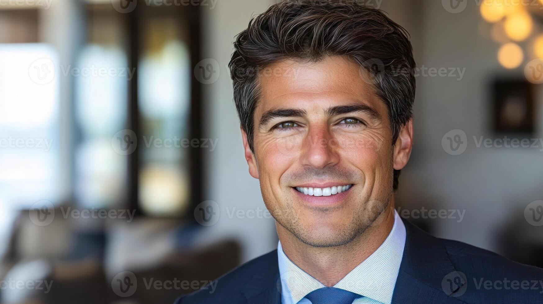 Confident young man in business attire smiling with soft natural light in a modern interior setting photo