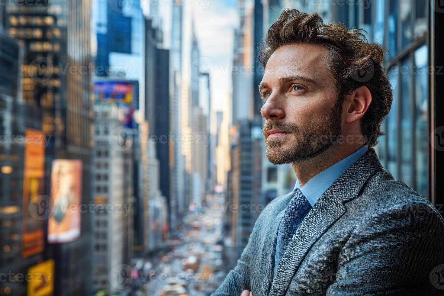 Businessman contemplating the city skyline from an office in New York during golden hour photo