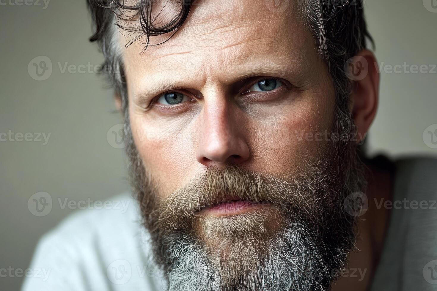 Intense gaze of a man with a beard and blue eyes during a close-up portrait session indoors photo