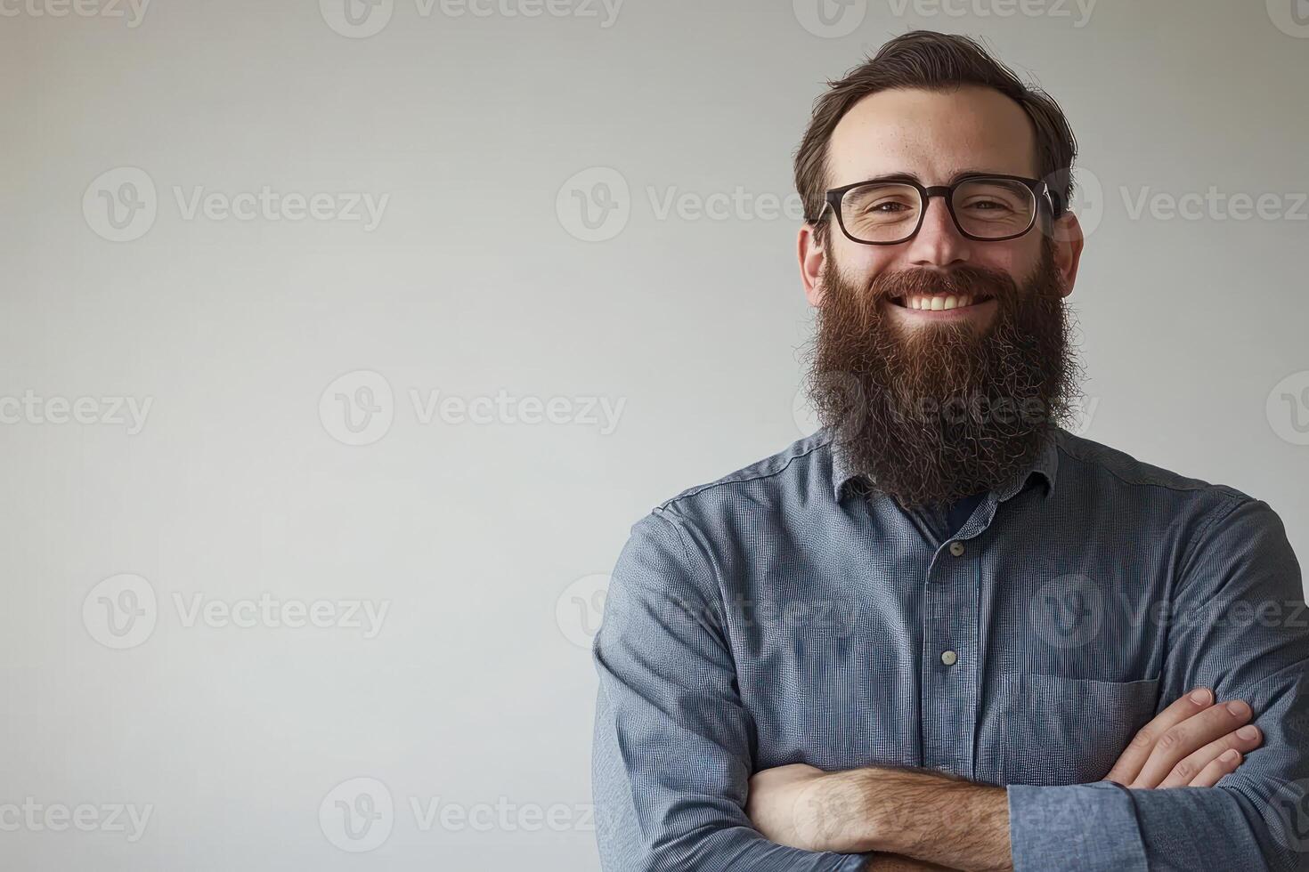 Smiling man with beard and glasses shows confidence in casual setting photo