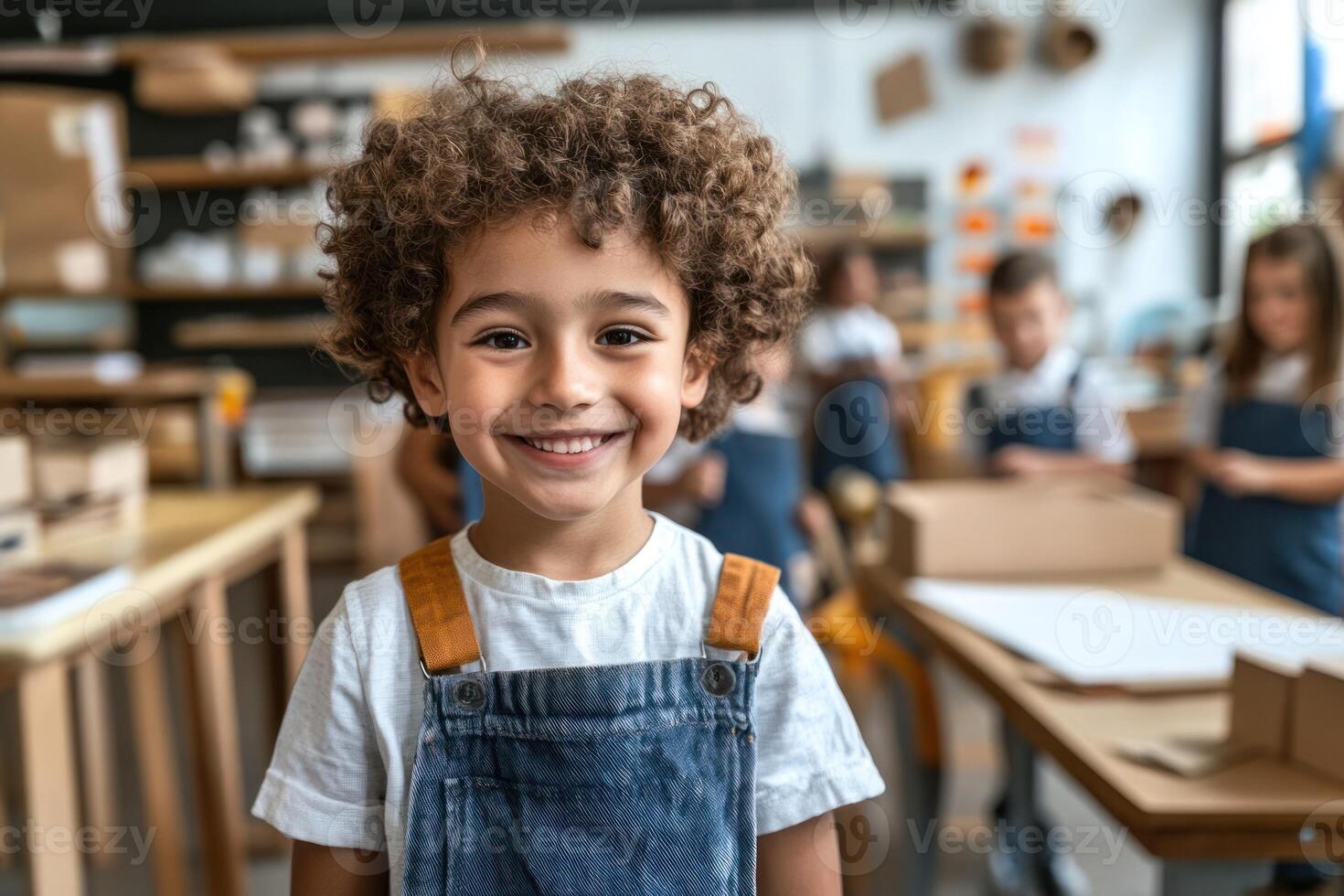 Joyful child smiles in a creative workshop filled with kids engaged in art activities photo
